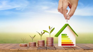 Hands are holding coins for saving and energy saving home, eco energy saving home concept and environmentally friendly home.