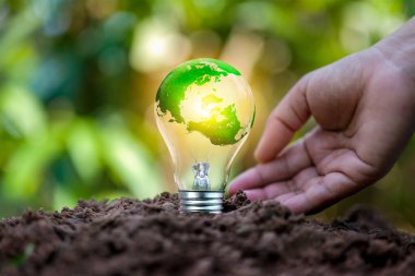 Bir ampul üzerindeki yeşil dünya haritası, yenilenebilir enerji kavramı, çevresel koruma, sürdürülebilir enerji kaynakları, yenilenebilir enerji kaynakları.