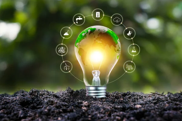 緑色の世界地図を持つ電球は 環境保護のための再生可能で持続可能なエネルギー源を象徴しています — ストック写真