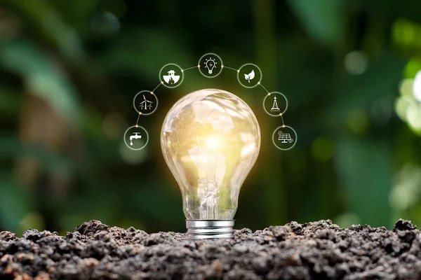 Light bulb with a ground energy source and icons for renewable energy. Renewable energy and ecology concept.