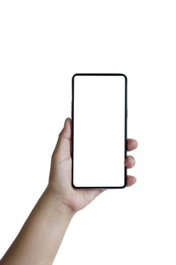 El beyaz ekranı tutuyor, cep telefonu kırpma yolu ile beyaz bir arkaplanda izole edilmiş..