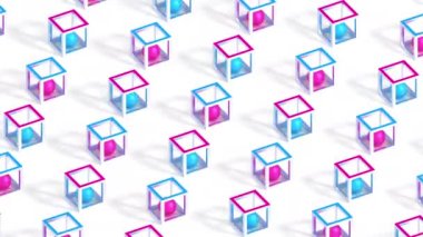 Abstract minimalistic motion design with transforming metal frames and colored spheres. Seamless looping. 3d animation. 4k.