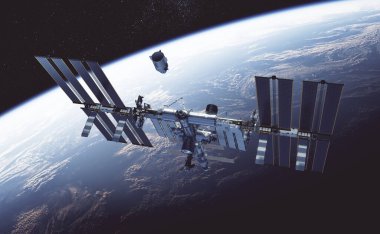 Dünya 'nın Arkasındaki Uluslararası Uzay İstasyonu' na yanaşan ticari uzay aracı. 3B Görüntü.