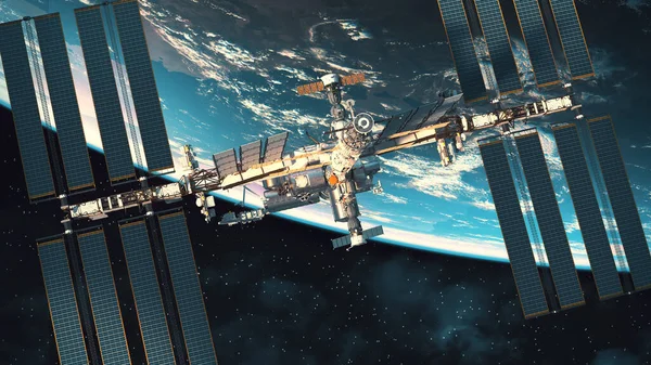 国际空间站以地球为背景的飞行 3D说明 — 图库照片