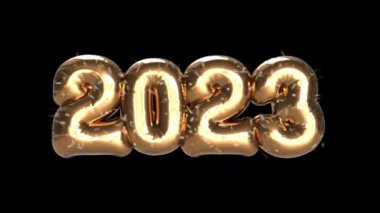 Şişirilebilir sayılar 2023 patlar ve düşen konfetiden 2024 metni ortaya çıkar. 4 bin. 3840x2160. 3 Boyutlu Canlandırma.