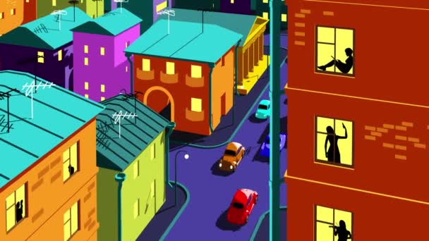 Cidade Dos Desenhos Animados Noite Com Silhuetas Nas Janelas Animação — Vídeo de Stock