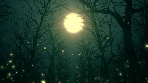 Stralen Van Maanlicht Verlichten Vallende Bladeren Het Herfstbos Animatie Naadloze — Stockvideo