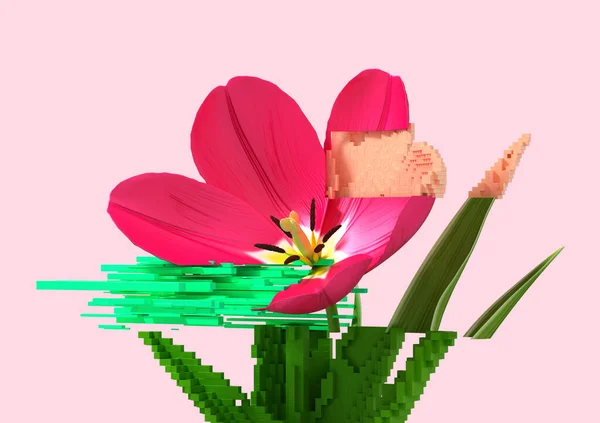 花チューリップの3Dグリッチ Nftコンセプト 3Dイラスト — ストック写真