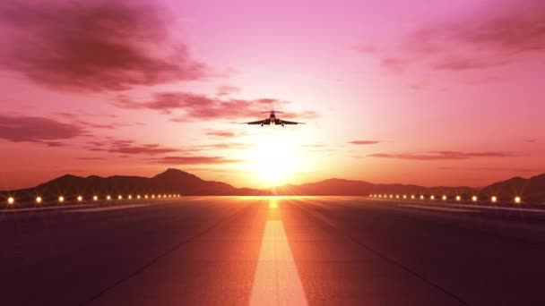 美しいピンクの日没時に着陸する飛行機のフロントビュー 3Dアニメーション 4Kについて — ストック動画