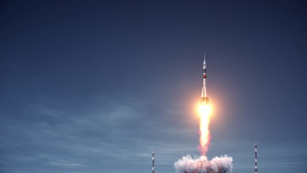 Cohete Portador Con Nave Espacial Despegando Del Cosmódromo Animación — Vídeos de Stock