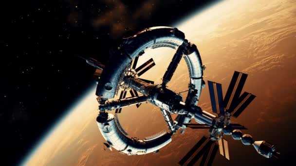 Futuristica Stazione Spaziale Sorvola Pianeta Rosso Animazione — Video Stock