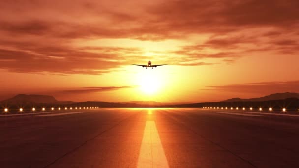 美しい黄金の日没の間に着陸する飛行機のフロントビュー 3Dアニメーション 4Kについて — ストック動画