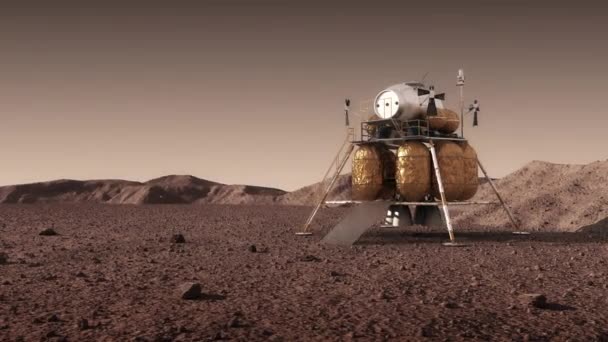 在火星表面的行星间空间站下降模块的背景下 一面美国国旗 3840X2160 3D动画 — 图库视频影像