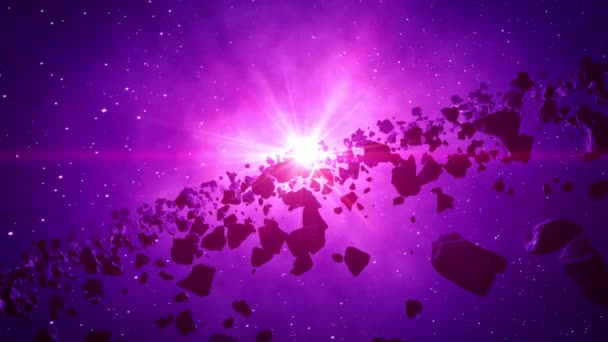 Asteroïden Cluster Stralen Van Een Paarse Ster Animatie — Stockvideo