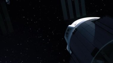 Özel uzay aracı uluslararası uzay istasyonuna yanaşmak üzere. 3D animasyon. 4k.