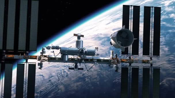 商用宇宙船は 国際宇宙ステーションとドッキングしようとしています 3Dアニメーション 4Kについて — ストック動画