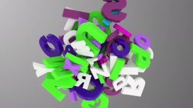 Çok renkli 3D harflerin doğuşu. 3D animasyon. 4K.
