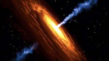 Mavi gaz jeti sarmal bir galaksinin merkezinden çıkar. Üç boyutlu animasyon. 4k.