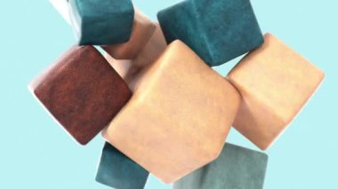 Yumuşak renkli ve desenli küpleri olan soyut bir arkaplan. Üç boyutlu animasyon. 4 bin. 3840x2160.