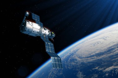 Uzay istasyonu, Dünya 'nın üzerine güneş panelleri yerleştiriyor. 3d illüstrasyon.