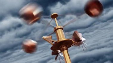 Rüzgarda dönen bir anemometre uçan gök gürültüsü bulutlarına karşı. 3D animasyon. 4k.
