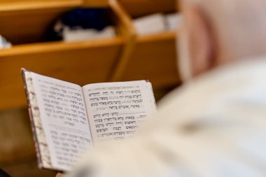 Yahudi adam, Bar Mitzvah kutlamasından önce İsrail sinagogunda Tevrat 'ı okumak için dua ediyor. Sağ tarafta Tefillin var..