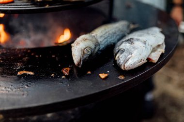 Lezzetli ızgara et ve sebzeli balık ve mangalda taze otlar sosyal etkinliğin dışında doğal ışık altında duman ve alevlerle ızgara. 2024 içerik.