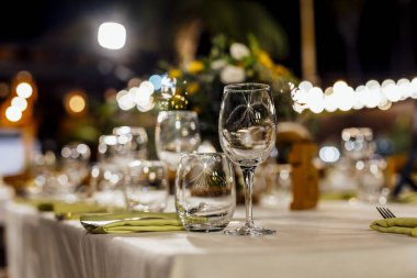 Şarap kadehleri ve çiçekli yemek masası, düğün için mükemmel, zarif bir parti ya da açık hava kutlaması için. Sıcak ışıklar ve yumuşak bokeh samimi ve lüks bir atmosfer yaratır..