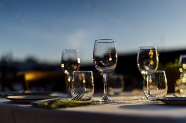 Şarap kadehleri ve çiçekli yemek masası, düğün için mükemmel, zarif bir parti ya da açık hava kutlaması için. Sıcak ışıklar ve yumuşak bokeh samimi ve lüks bir atmosfer yaratır..