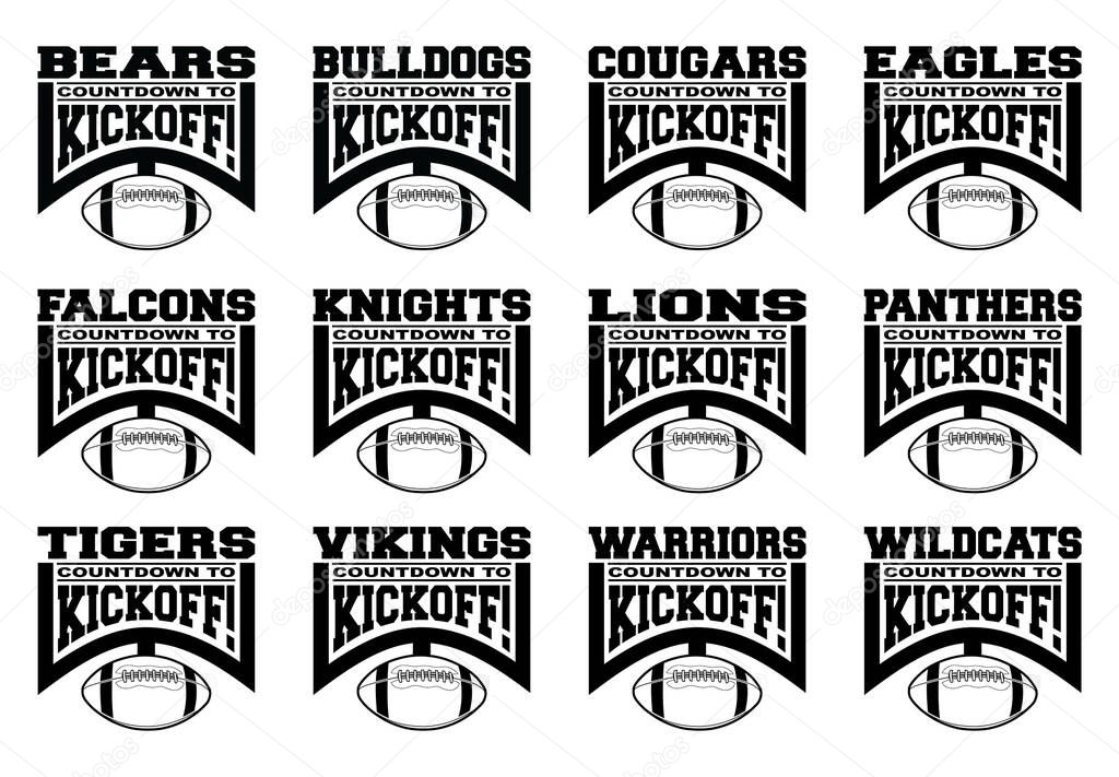 Football Team Design Bundle - Countdown to Kickoff is a collection of team design templates that includes 12 different school designs in one color with text, a graphic goal post and a football. Great for Wildcats t-shirts, mugs and advertising.