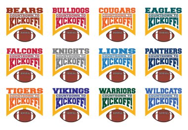 Football Team Design Bundle Color - Countdown to Kickoff, 12 farklı okul tasarım şablonunu içeren metin, bir grafik gol direği ve bir futbol topu koleksiyonudur. Tişörtler, kupalar ve reklamlar için harika..