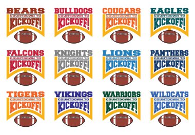 Football Team Design Bundle Color - Countdown to Kickoff is a collection of team design templates that includes 12 different school designs in full color with text, a graphic goal post and a football. Great for t-shirts, mugs and advertising. clipart