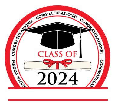 Mezuniyet - 2024 Sınıfı, 2024 mezunları için bir tasarım, yazı ile mezun olanlar için püsküllü şapka. Kurdeleli bir diploma ve adını ya da okul adını yazabileceğin bir yer. Gömlekler ve el ilanları için harika.