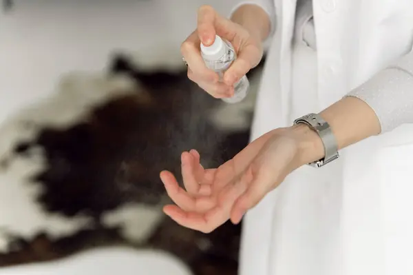 Menina Usa Spray Séptico Para Remover Bactérias Desinfecção Das Mãos — Fotografia de Stock