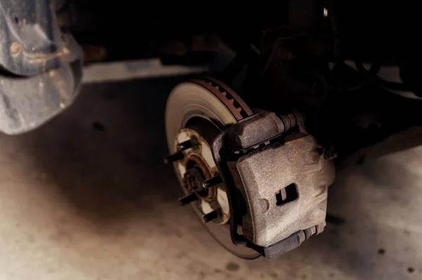 Old Braking System Close Repair Replacement Brake Disc Pad Car — Stock Photo, Image