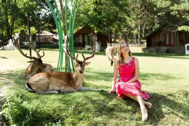 Yaz mevsiminde geyikli bir kız. Hayvanat bahçesi. Hayvanlarla tatil.