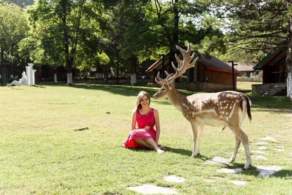a young woman in a zoo is in contact with a deer. contact zoo. reserved territory.