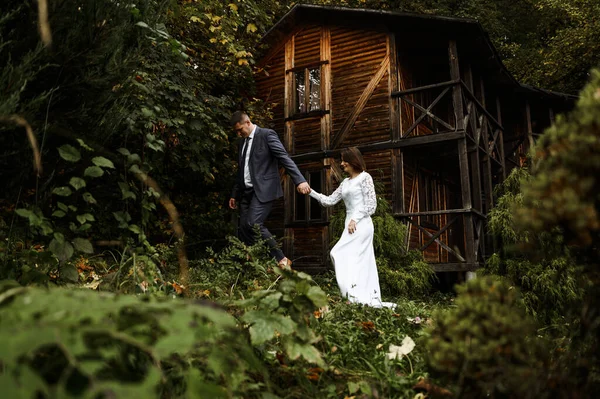 Γάμος Ζευγάρι Βόλτες Έξω Φθινόπωρο Στη Φύση Θέα Ένα Ξύλινο — Φωτογραφία Αρχείου