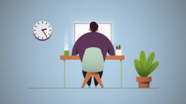 Man working behind the desk. Clock hands are moving fast to indicate pass of time. Back view. 4k animation ready to loop