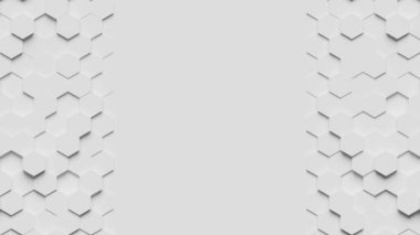 Abstract geometric background. White surface with moving hexagonal shapes on both sides. 3d animation ready to loop