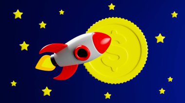 Roket uzayda güneş gibi büyük bir madeni paranın önünde uçuyor. Finansal evrende yön bulma kavramı. 3d oluşturma