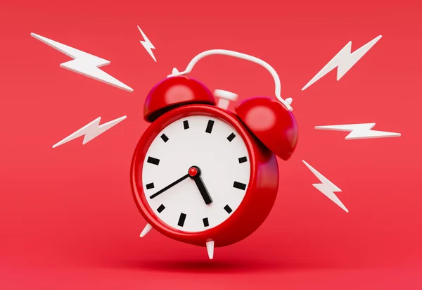 Klingelnder Roter Wecker Auf Rotem Hintergrund Darstellung Einer Uhr Die lizenzfreie Stockbilder