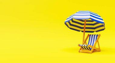 Plaj sandalyesi ve sarı arka planda plaj şemsiyesi. 3d oluşturma