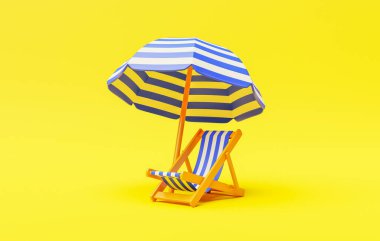 Plaj sandalyesi ve sarı arka planda plaj şemsiyesi. 3d oluşturma