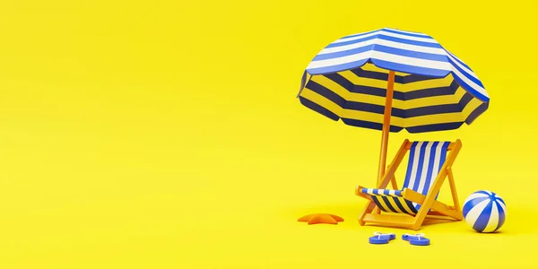 Plaj sandalyesi, plaj şemsiyesi, plaj topu, denizyıldızı ve sarı arka planda parmak arası terlikler. Tatil teçhizatının 3D görüntülenmesi