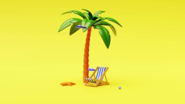 Plaj sandalyesi, palmiye ağacı, plaj topu, denizyıldızı ve sarı arka planda parmak arası terlikler. Tatil malzemelerinin 3D animasyonu