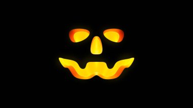 Karanlıkta parlayan Jack O 'Lantern' in gözleri, burnu ve ağzı. Cadılar Bayramı balkabağının 3D görüntüsü