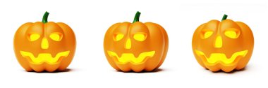 Jack O 'Lantern beyaz arka planda izole edilmiş. Cadılar Bayramı balkabağının 3 boyutlu canlandırması üç farklı görünümde 