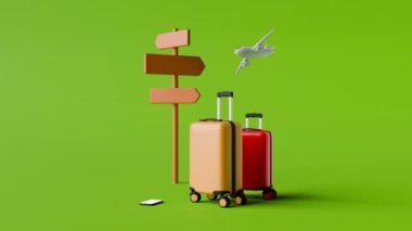 Seyahat konsepti. Yön işaretli bir hayat, bavullar, yukarıda uçan bir uçak ve üzerinde harita iğnesi olan bir akıllı telefon. 3d kesme canlandırması