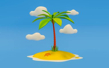 Ortasında palmiye ağacı olan küçük bir tropikal adanın 3 boyutlu görüntüsü ve kumdaki yıldız balığı ve arkasında bulutlar.